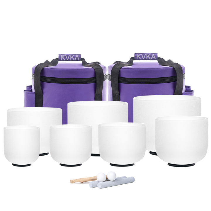 KVKA 432hz 7-12 Zoll Kristallschale Set aus 7 Stück Kristallklangschale mit Tragetasche, 7pcs White