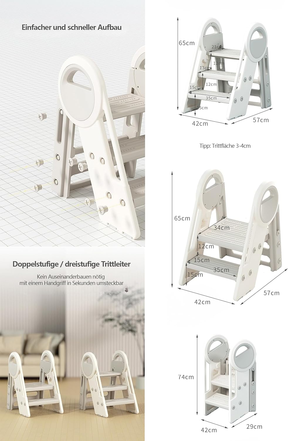 Klappbarer Kindertritt, 2-3 Stufen, 65 cm Höhe, 34x35 cm Trittfläche, bis 75 kg, Weiss/Grau, Kinderl