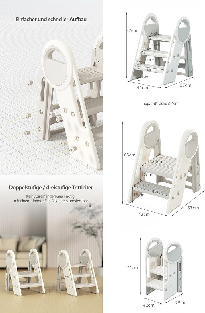 Klappbarer Kindertritt, 2-3 Stufen, 65 cm Höhe, 34x35 cm Trittfläche, bis 75 kg, Weiss/Grau, Kinderl