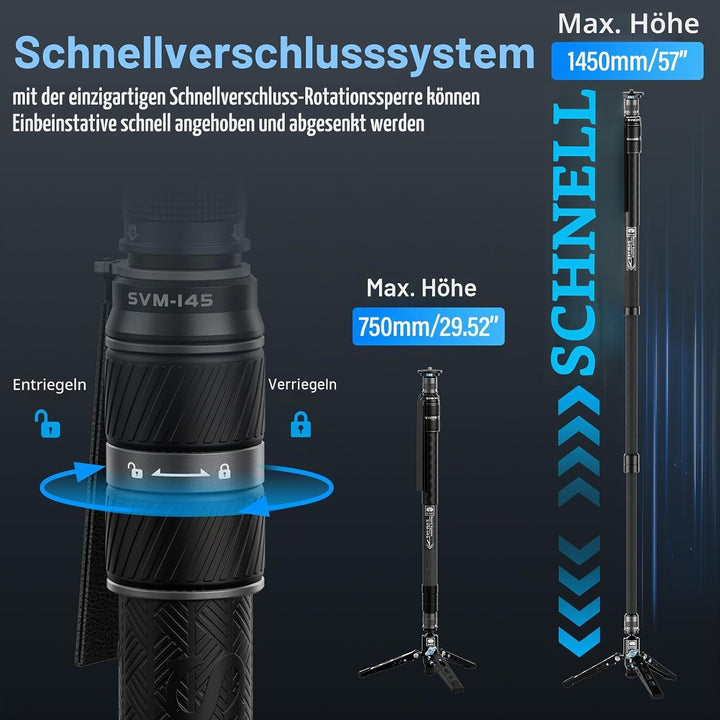 SIRUI SVM-145 Einbeinstativ Kohlefaser Kamera, 145cm Carbon monopod Rapid System Einstufige Höhenver