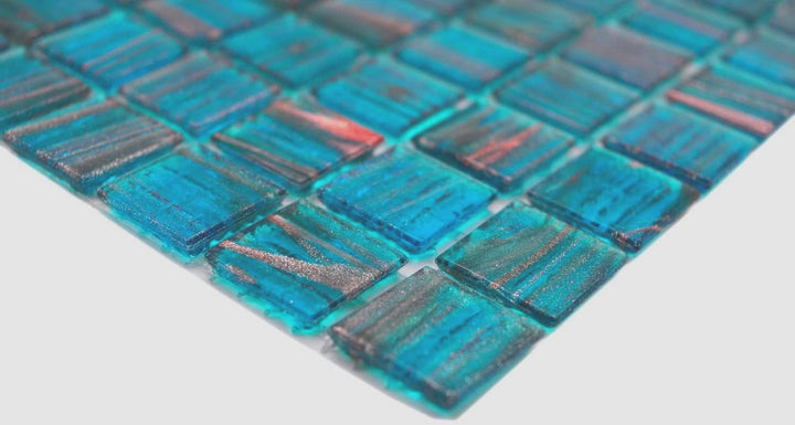 Mosaikfliese Glasmosaik Türkis Blau Perlenzian Kupfer changierend Küchenrückwand Duschwand | 10 Mosa