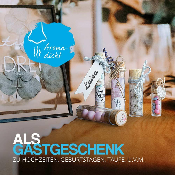 Tuuters 100x Kunststoff Reagenzgläser mit Korken, Kunststoffröhrchenn (65 x Ø23, Naturkorken) 65 x Ø