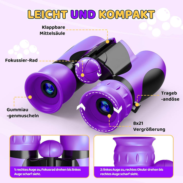 GeschenPark Fernglas Abenteuer Set mit Entdeckungskarten – Kompass – Lupe, Violett 8X-Violett, 8X-Vi