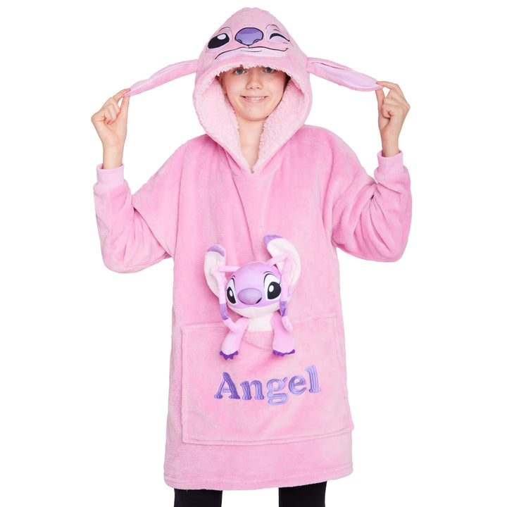 Disney Stitch Hoodie-Decke Kinder, Kapuzenpullover Mädchen mit Sherpa-Kapuze, 3D-Ohren, Kängurutasch