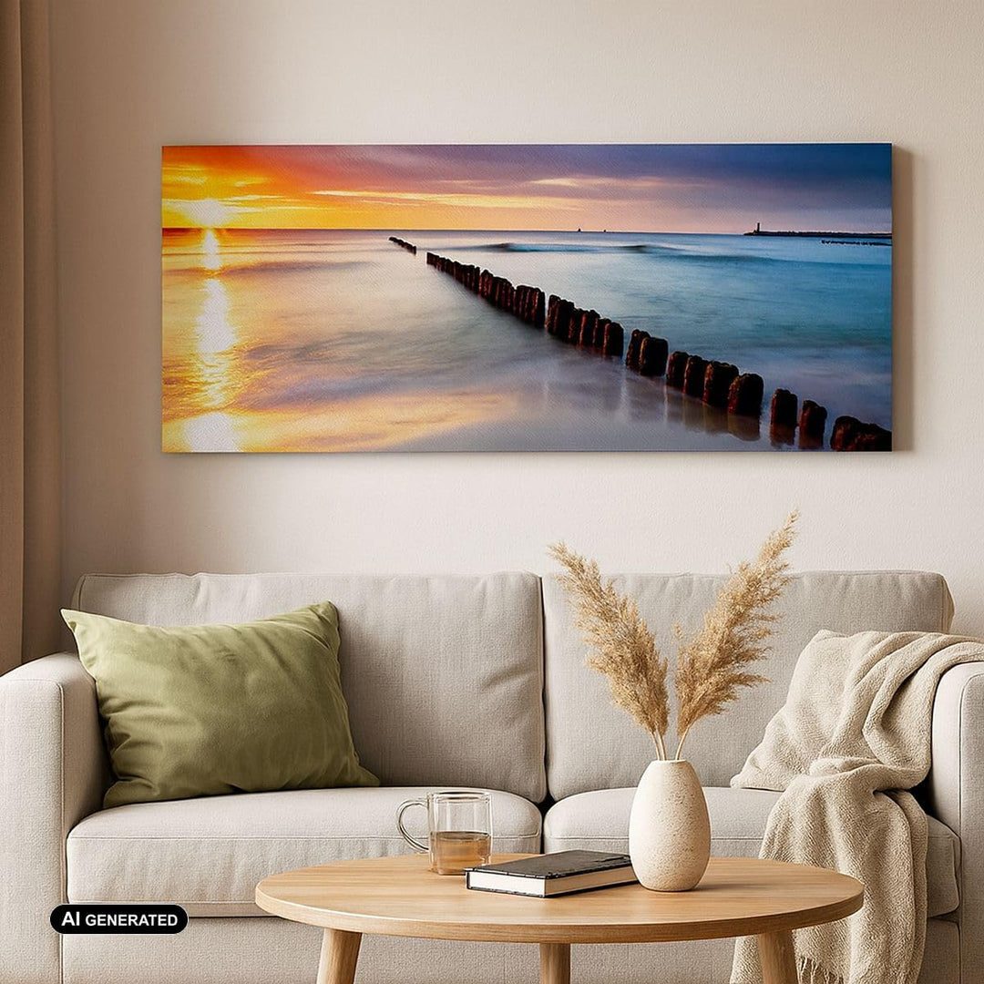 Wandbilder Dekoration Wohnzimmer Meer Küste Strand Sonnenaufgang Panorama Bilder auf Leinwand 120x50