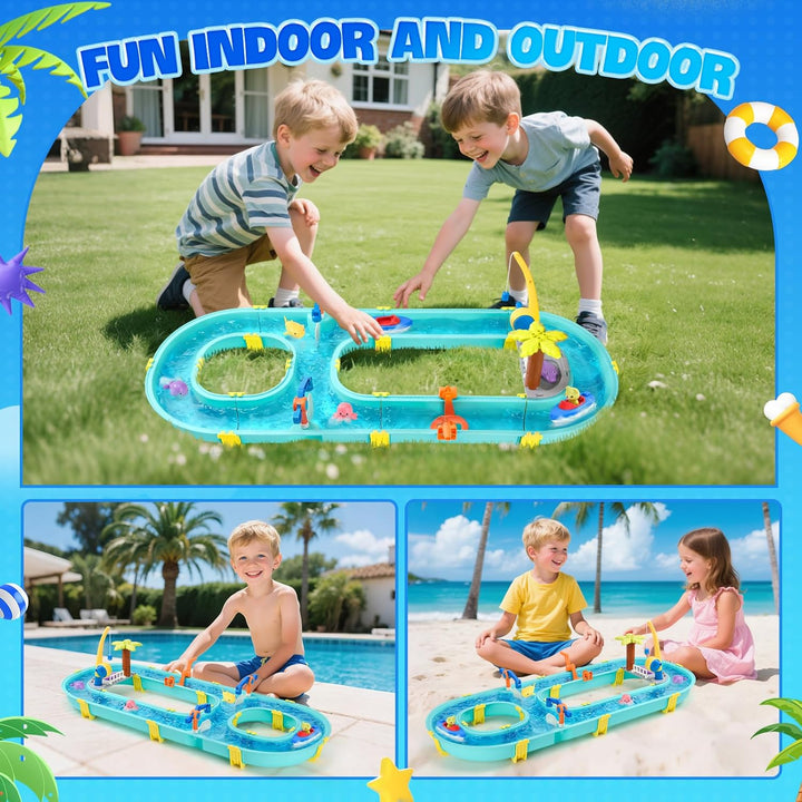 Wasserspielzeug mit Wasserbahn, 58 Teile Wasserbahn Kinder Draussen - Wassertisch Kinder mit Booten,