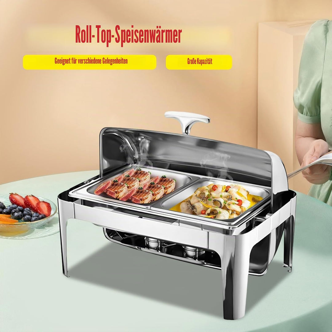9l Edelstahl Speisenwärmer, Chafing Dish Mit Rolldeckel Speisenwärmer Warmhaltebehälter, Heizplatten