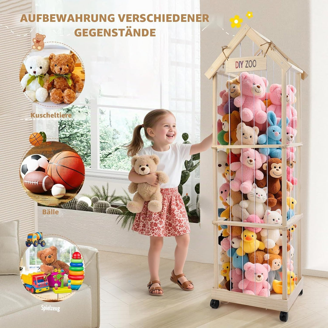 Kuscheltier Aufbewahrung 146x47x35CM, MINENICE Plüschtier Aufbewahrung aus Massivholz mit 360° Fests
