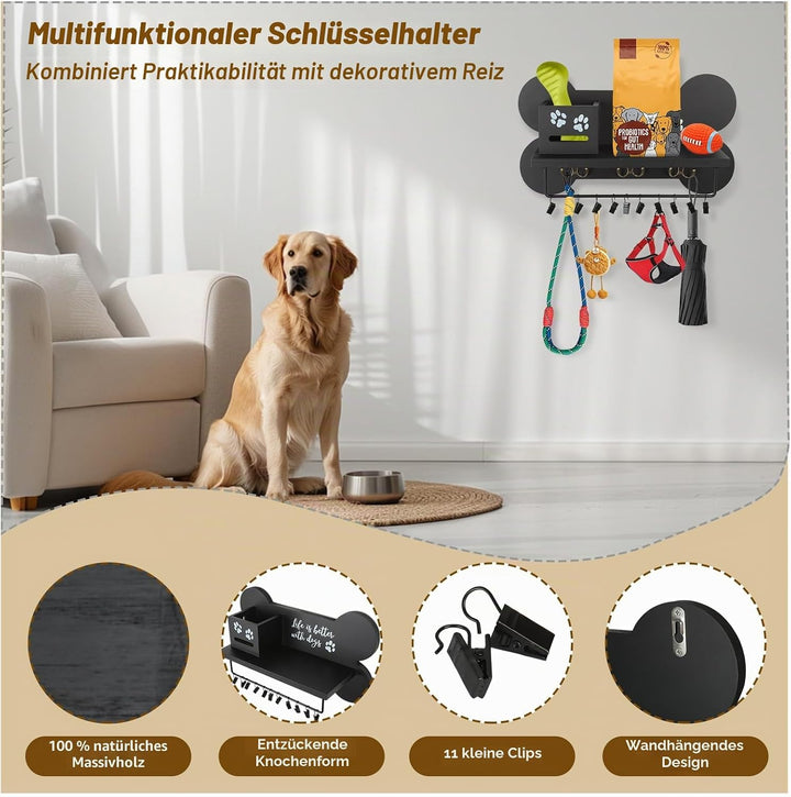 Hundegarderobe mit Ablage, Hundeleinenhalter Wand für Ordnen von Leinen und Zubehör, Wandhaken für H