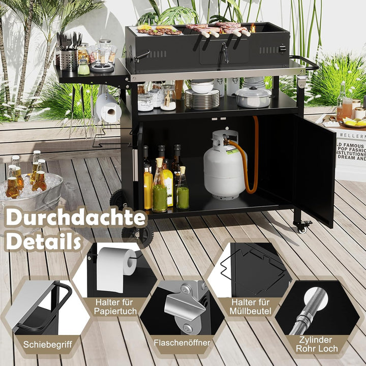 COSTWAY Grillwagen Outdoor, Grilltisch mit Edelstahlplatte, klappbarem Seitentisch, Schrank, 6 Haken