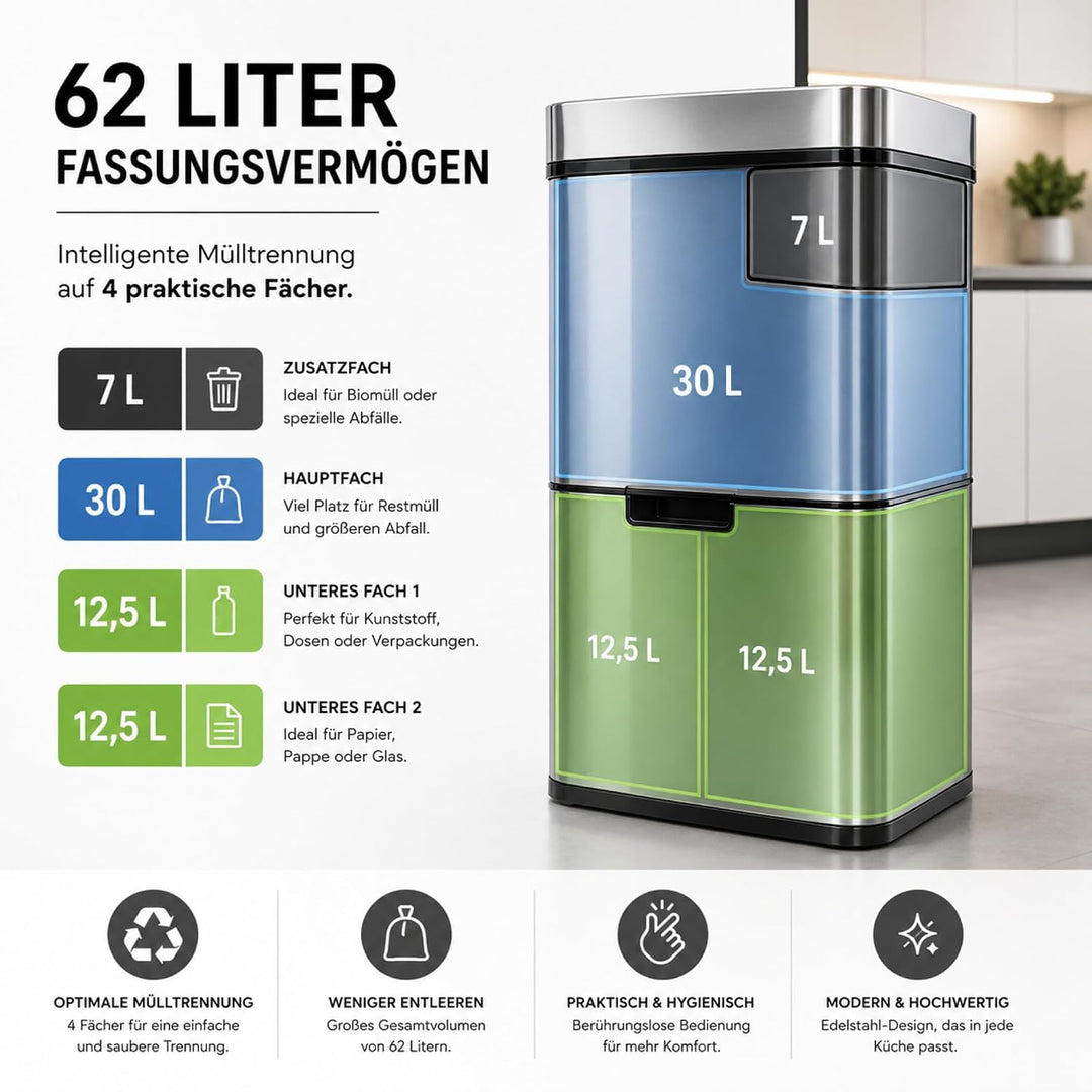 casa pura Mülleimer 4 Fächer, elektrischer Abfalleimer mit Sensor, Mülltrennsystem, Küchenabfalleime