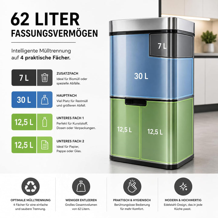 casa pura Mülleimer 4 Fächer, elektrischer Abfalleimer mit Sensor, Mülltrennsystem, Küchenabfalleime