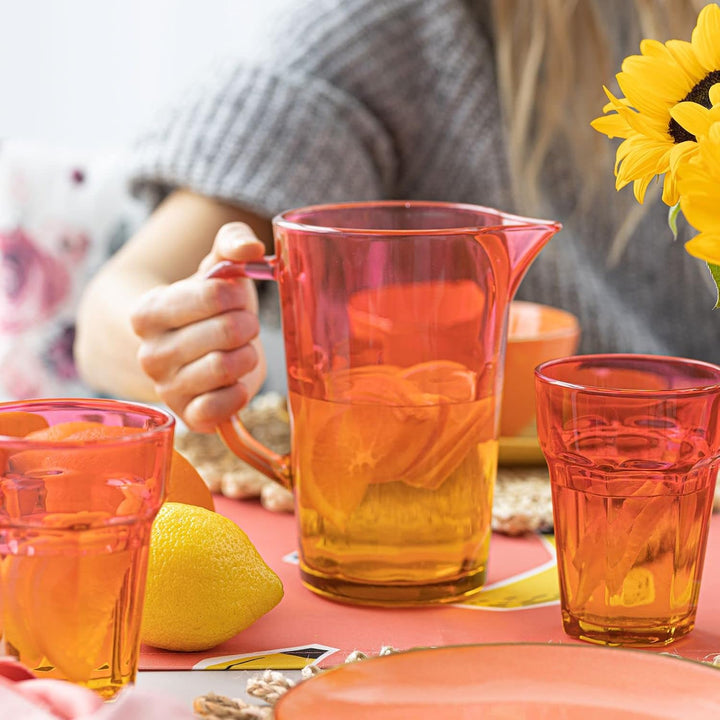 TREND FOR HOME Wasserkaraffe Glas 1 Liter mit Handlichem Griff Bunt Wasserkrug 19 cm Glaskanne Orang