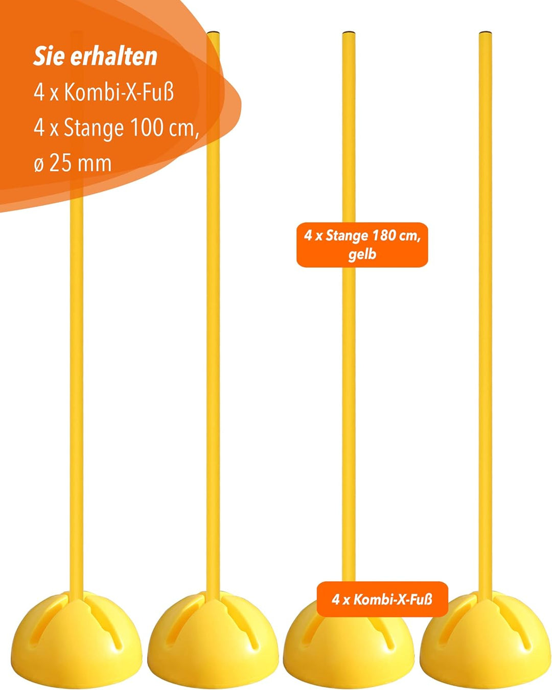 Kombi-X-Standfuss aus Kunststoff & Slalomstange 100 cm – 4er Set – befüllbarer Standfuss – Stange fü