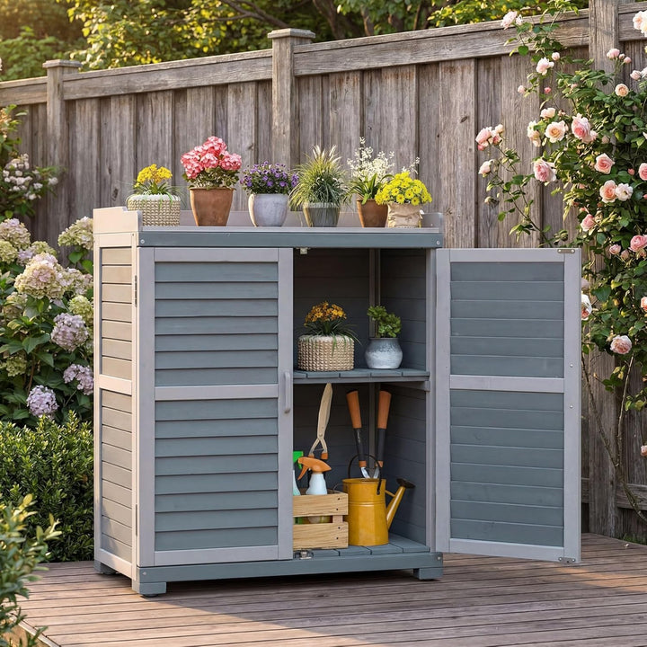 Gartentisch mit Unterschrank und Arbeitsplatte, Pflanztisch mit Schutzleisten, grau