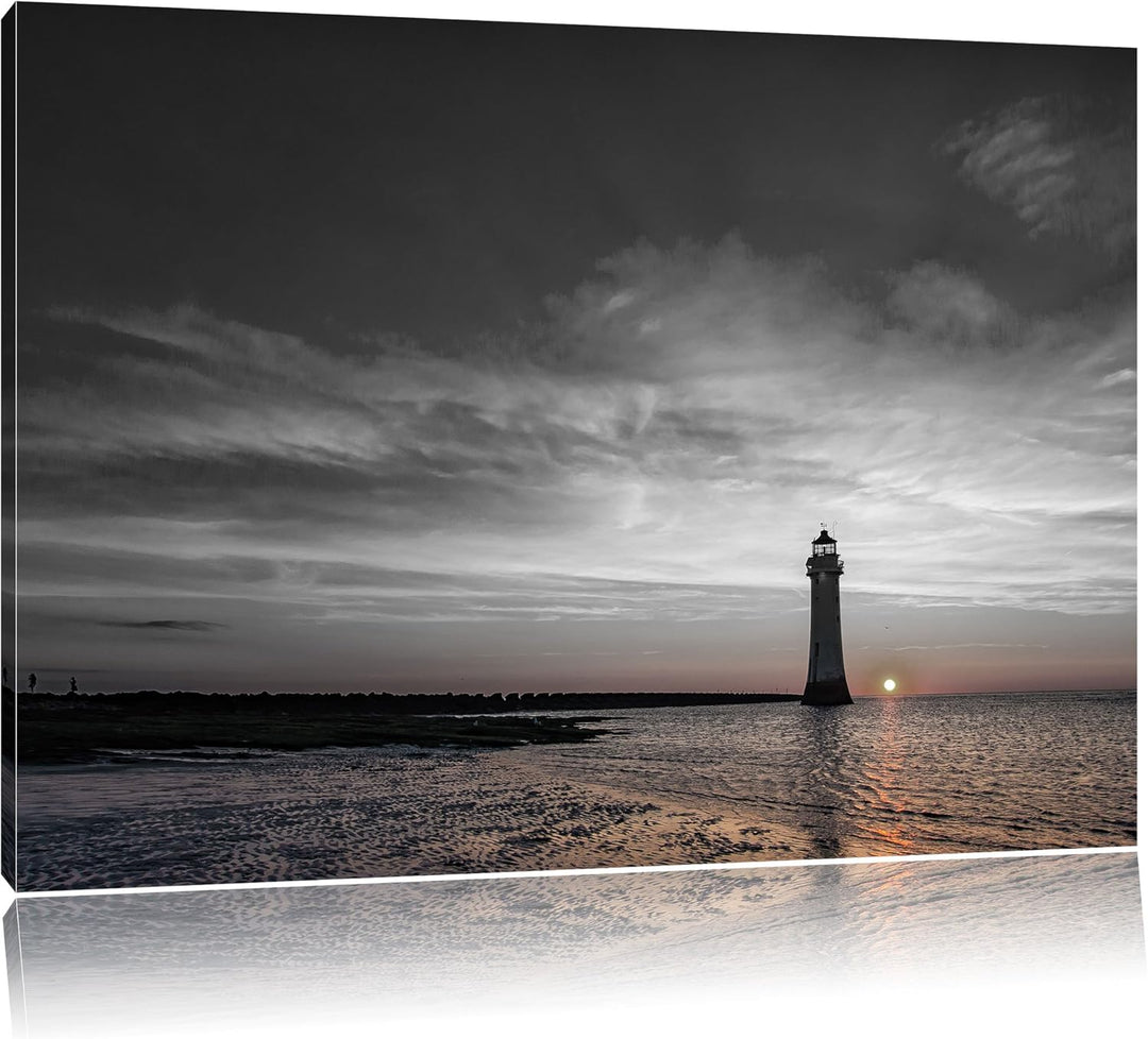 Pixxprint einsamer Leuchtturm im Sonnenuntergang B&W Detail, Format: 100x70 auf Leinwand, 100x70