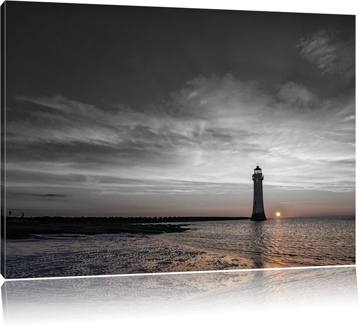Pixxprint einsamer Leuchtturm im Sonnenuntergang B&W Detail, Format: 100x70 auf Leinwand, 100x70