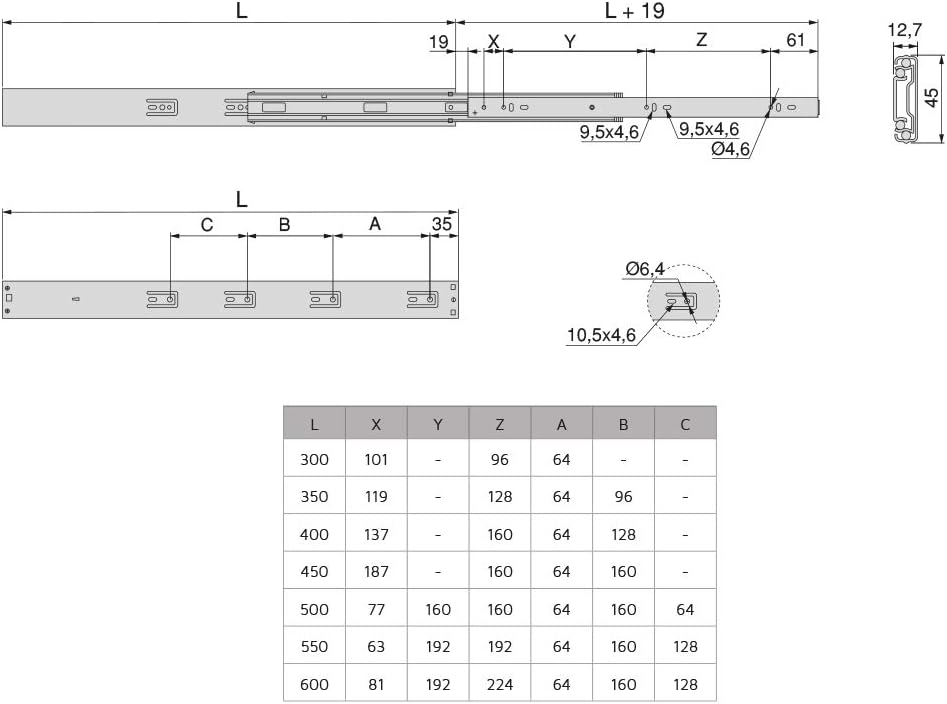 Emuca - Satz Führungen für Schublade 45x550mm, Set Schubladenführungen vollauszug mit Rollen, Kugela