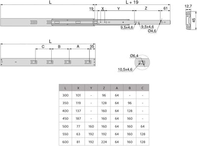 Emuca - Satz Führungen für Schublade 45x350mm, Set Schubladenführungen vollauszug mit Rollen, Kugela