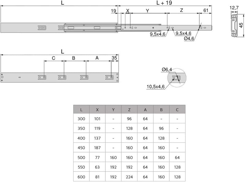 Emuca - Satz Führungen für Schublade 45x350mm, Set Schubladenführungen vollauszug mit Rollen, Kugela