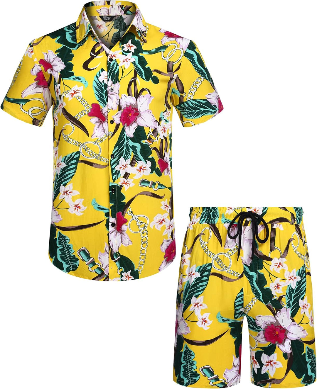 COOFANDY Herren Hemd Kurzarm Sommerhemd Floral Hawaiihemd Flamingo Party Hemden und Shorts Set Stran
