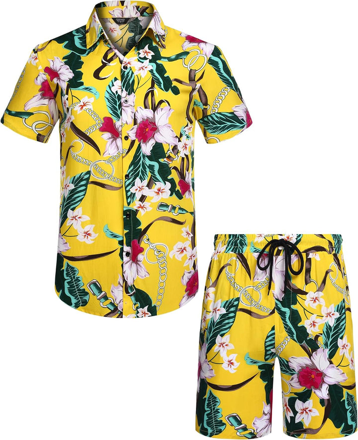 COOFANDY Herren Hemd Kurzarm Sommerhemd Floral Hawaiihemd Flamingo Party Hemden und Shorts Set Stran
