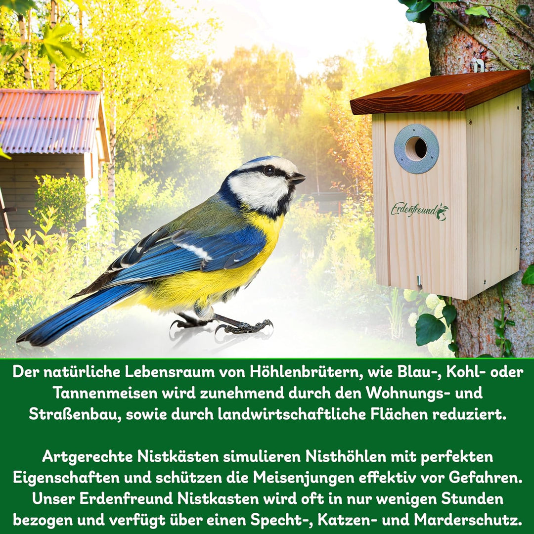ERDENFREUND® Meisen Nistkasten 28mm Katzen-/Marderschutz innen Nistkasten für Vögel mit pickfestem S