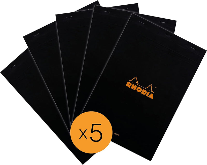 Rhodia 190009C - Packung mit 5 Notizblöcken geheftet No.19 A4+ 80 Blätter blanko 80g, Schwarz, 1 Pac