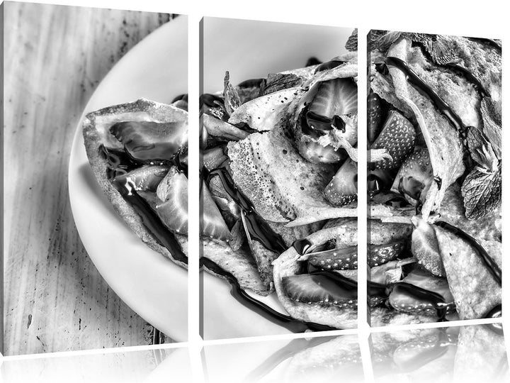 Pixxprint Monocrome, Crépes mit Erdbeeren 3-Teiler Leinwandbild 120x80 Bild auf Leinwand