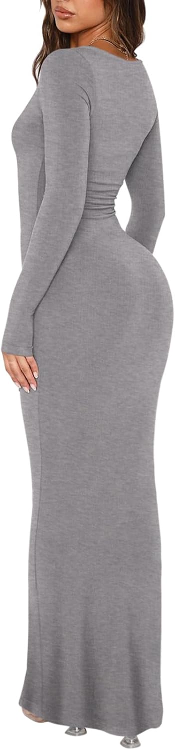 REORIA Damen Sexy U-Ausschnitt Langarm Lounge Langes Kleid Gerippte figurbetonte Maxikleider S Hellg