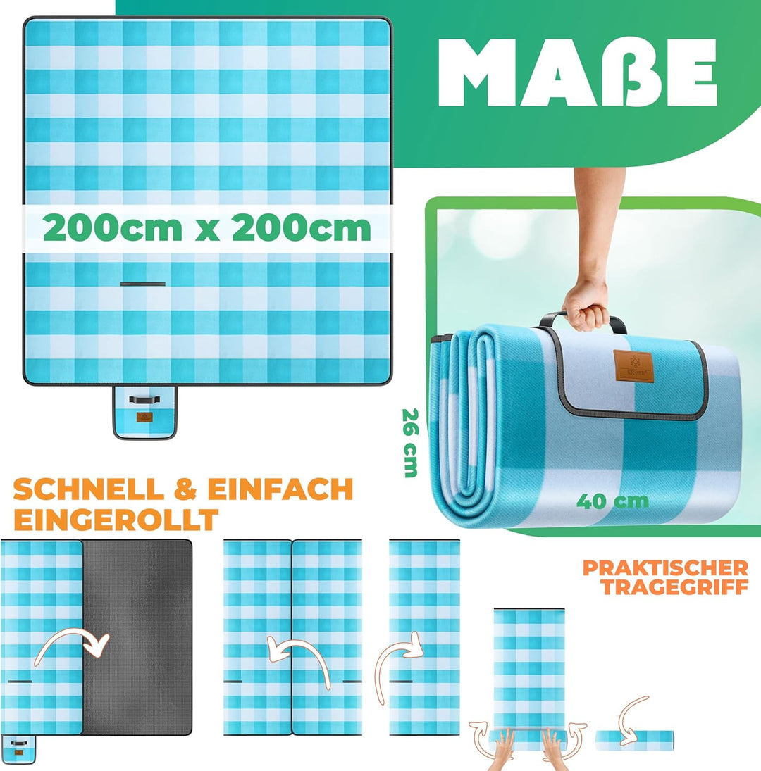 KESSER® Picknickdecke campingdecke XXL 200 x 200 cm - wärmeisoliert mit wasserdichter Unterseite mit