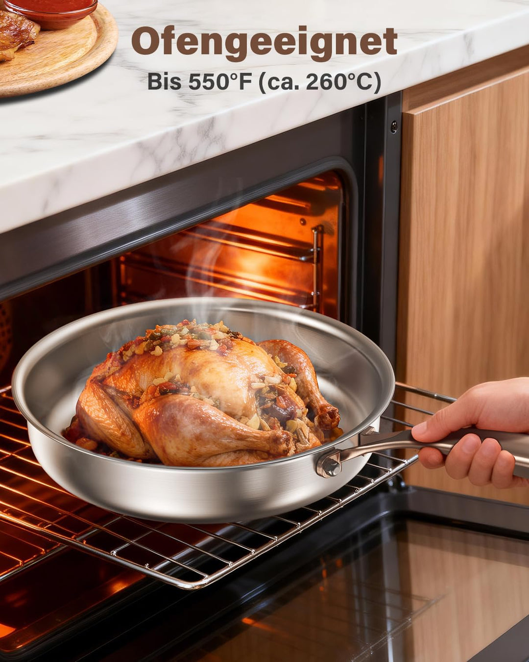 Edelstahlpfanne 28cm unbeschichtet, Titan Pfanne Induktion, 18/10 Edelstahl Bratpfanne mit Roségoldg