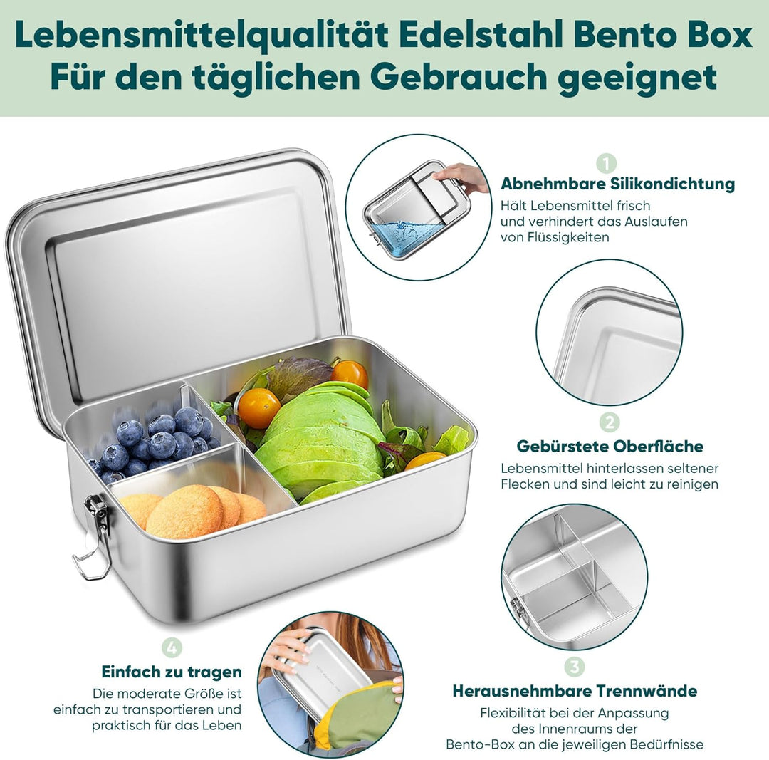 Joyfair Brotdose, Edelstahl Bento Box mit 3 Fächern, Vesperdose Lunch Box Auslaufsicher für Erwachse