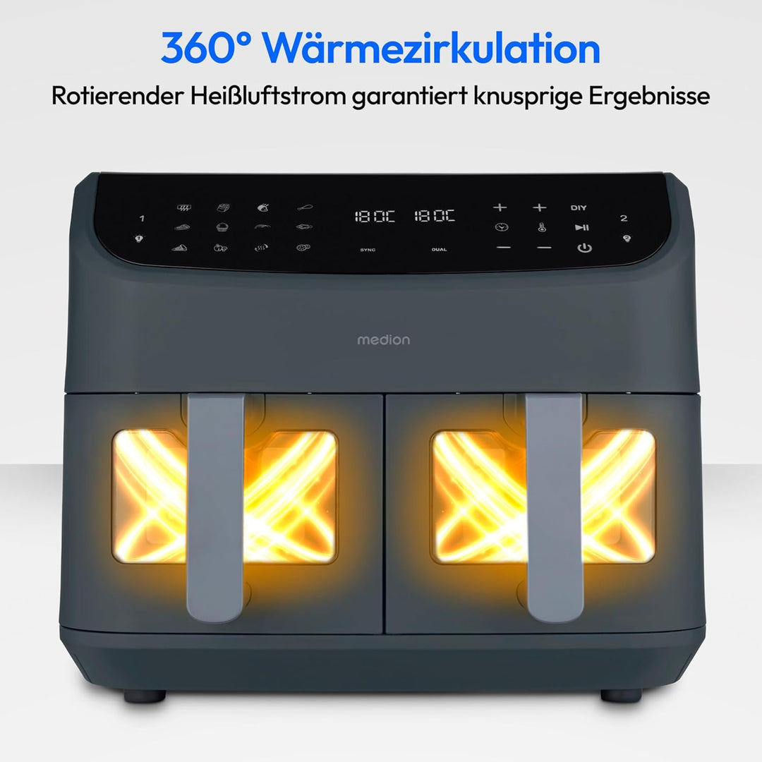 MEDION P20 XXL Heissluftfritteuse mit 2 Kammern (8,7 Liter, Airfryer, 2.600 Watt, Doppelkammer, 10 A