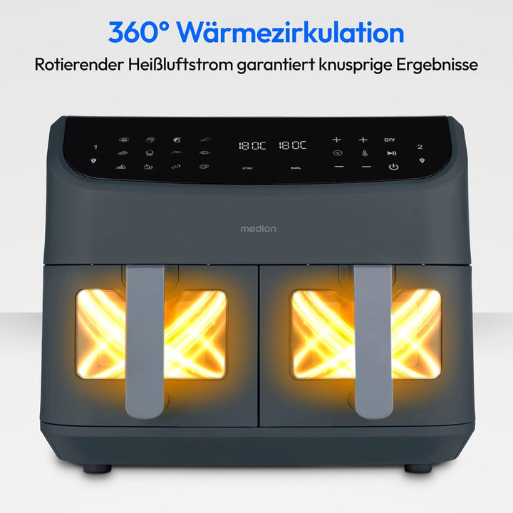 MEDION P20 XXL Heissluftfritteuse mit 2 Kammern (8,7 Liter, Airfryer, 2.600 Watt, Doppelkammer, 10 A