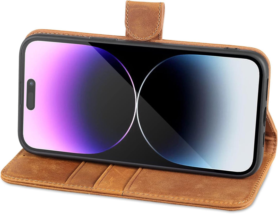 LENSUN Echtleder Hülle für iPhone 14 Pro Max, Handyhülle [Echtes Leder][Magnetverschluss][RFID Schut