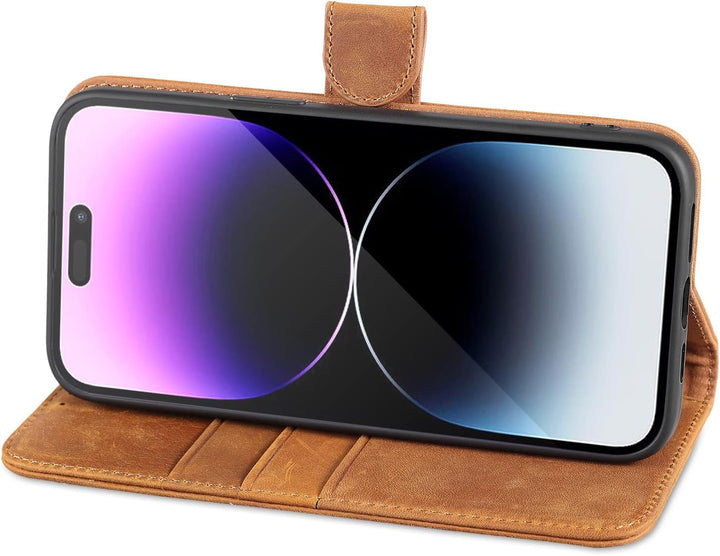 LENSUN Echtleder Hülle für iPhone 14 Pro Max, Handyhülle [Echtes Leder][Magnetverschluss][RFID Schut