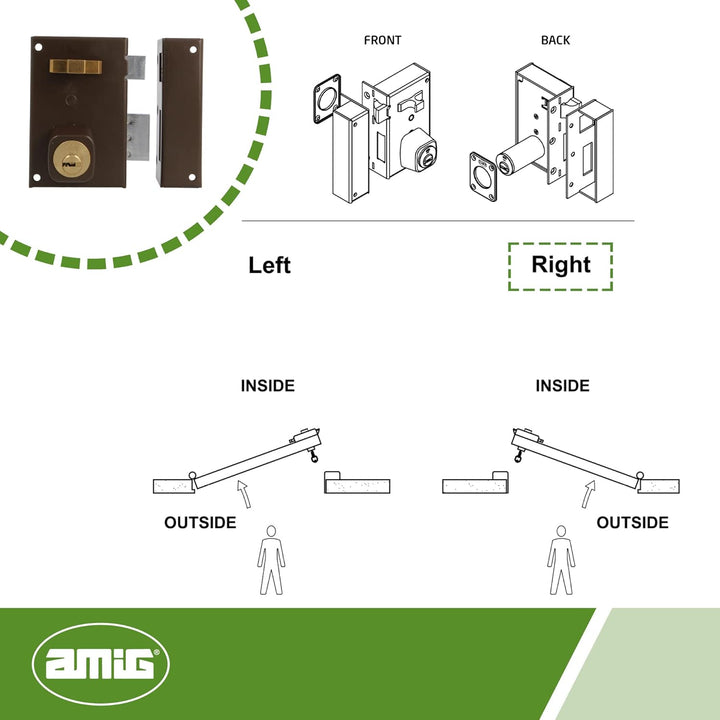 Amig - Aufschraubschloss DIN rechts mit Schliesshebel, Falle und Ziehgriff für Holztüren Mod. 75-72