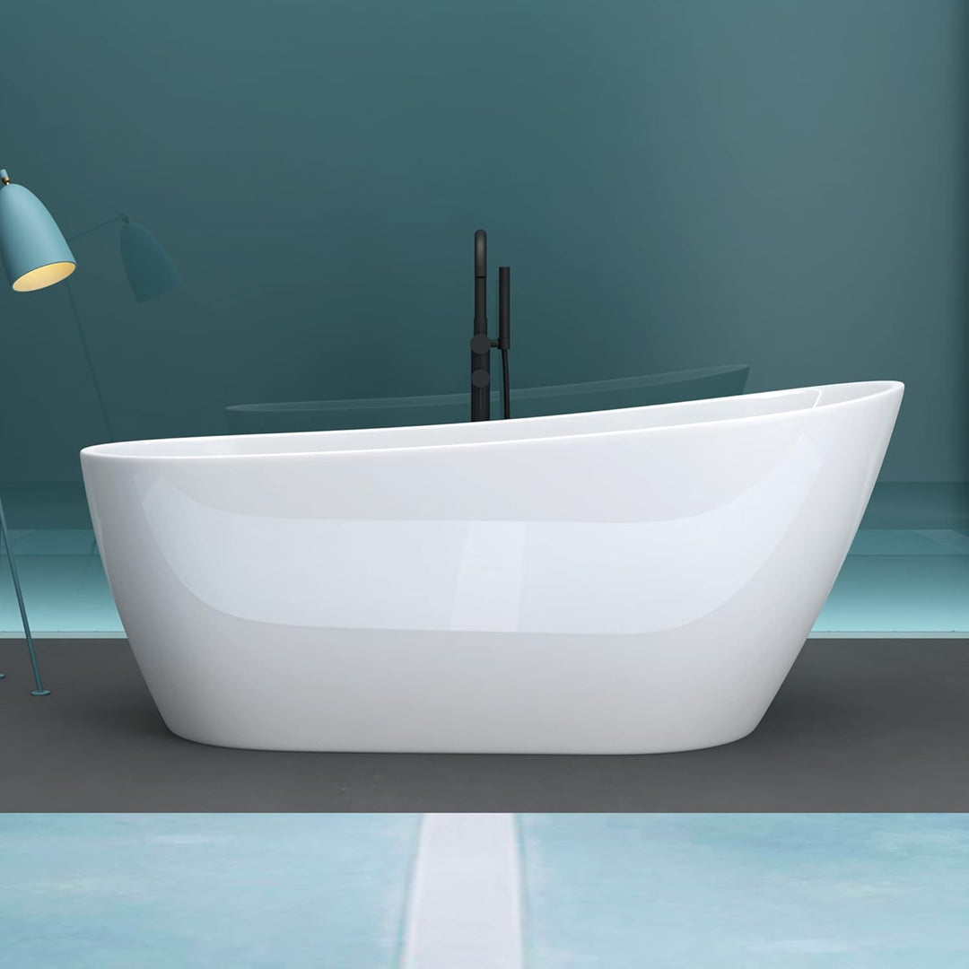 Mai & Mai freistehende Acryl-Badewanne Oval Standbadewanne Weiss inkl. Push-Open Ablaufgarnitur Brei