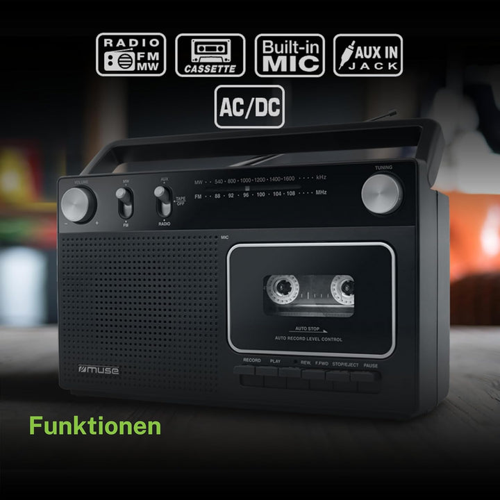 Muse M-152 RC Retro Kassettenrekorder mit Aufnahme-Funktion, Batteriebetrieb möglich (UKW und MW-Tun