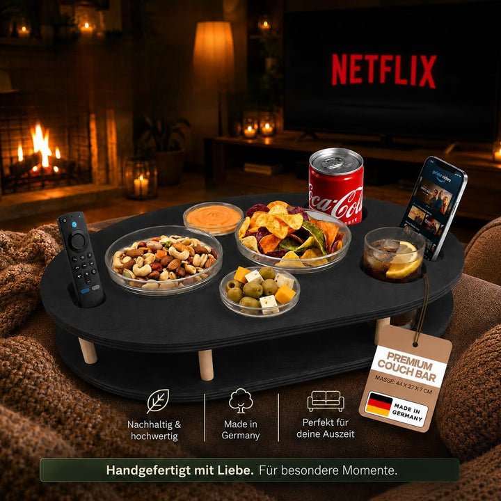 Couchbar Snackbox in schwarz mit 4 Glasschalen - Sofabar für Snacks und Getränke - Couchtabletts mit