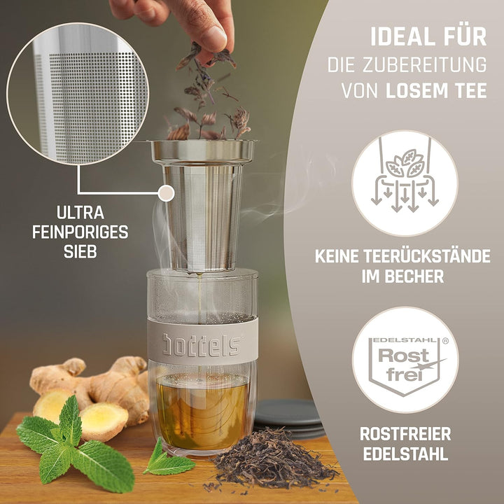 Glasbecher 380ml – Teebecher mit Sieb, Doppelwandig, Teetasse mit Edelstahl-Sieb, Keramik-Deckel, sp