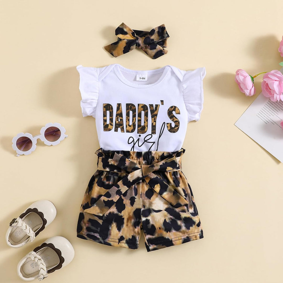 Baby Kleidung Mädchen Sommer Outfit, T-Shirt Rüschen Kurzarm Top + Leopardenmuster Shorts + Stirnban
