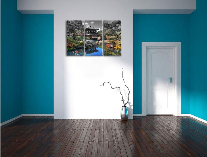 Pixxprint Ginkaku-ji-Tempel in Kyoto / 3-Teilig/Gesamtmass 120cm Leinwandbild bespannt auf Holzrahme