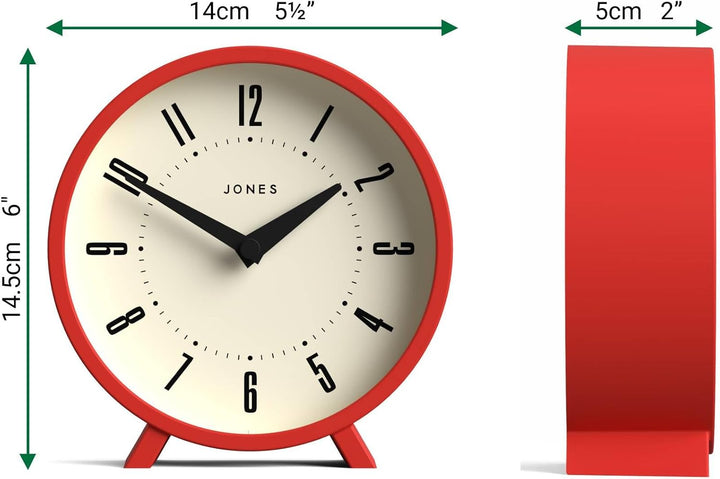 JONES CLOCKS® Venus schreibtischuhr | Modernes rundes Design | Rot | Stilvoller retrolook für Regal,