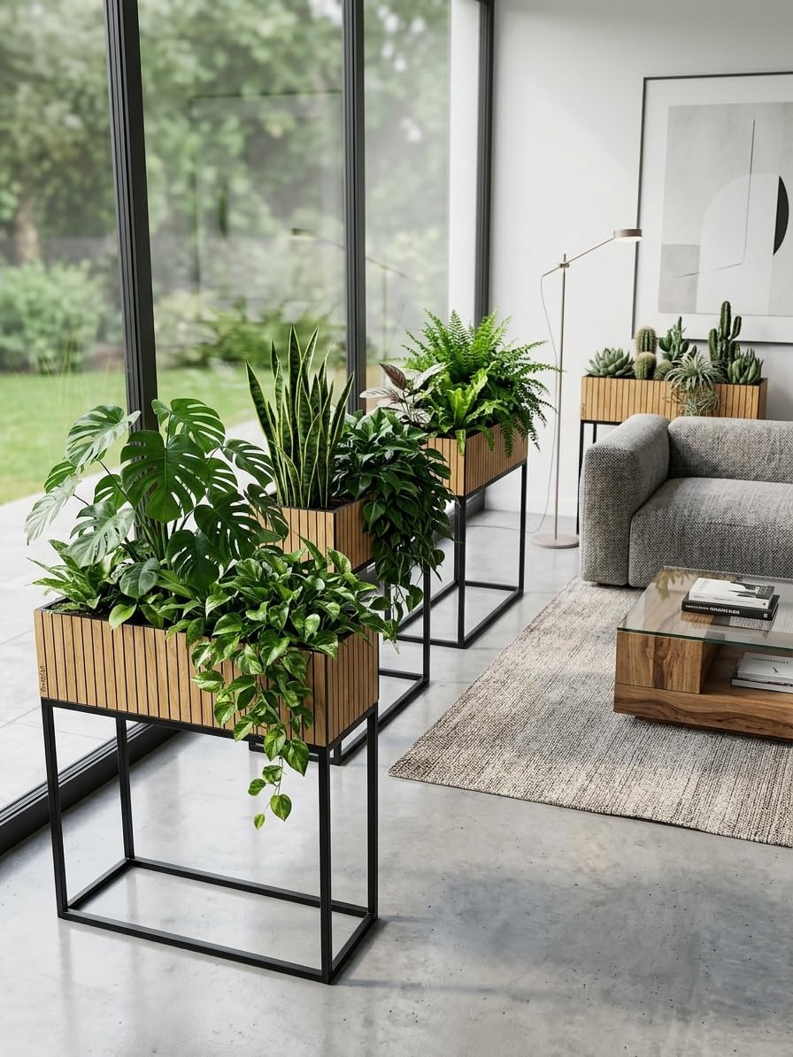 FLEXISTYLE Pflanzenständer LOFT FIORINO Metall Eiche Holz Lamelle Blumenständer Schwarz Blumentopf m