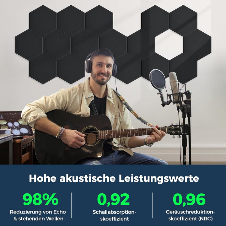 12 Stück Hexagon Akustikplatten Selbstklebend, 30 x 26 x 0,9 cm Hohe Dichte Akustikpaneele, Schallsc