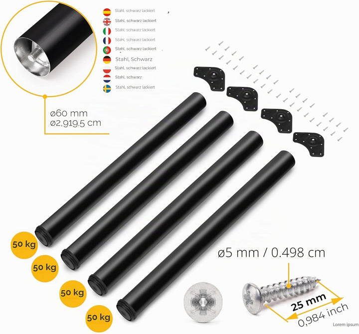 Emuca - Regulierbare Tischbeine Ø60x710mm, 4er Set aus Stahl, regulierbare Höhe 710-730mm, schwarz Ø
