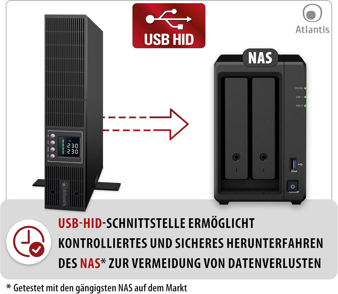 Atlantis A03-OP1302-RC USV OnLine USV Doppelwandlung Reine Sinuswelle 1300 VA 900 W, Server-Rack, LC