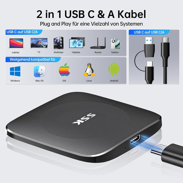 SSK Portable Externe SSD 256GB, 550 MB/s, Externe Festplatte USB C/A Kabel | USB-C/A Kabel, schnelle